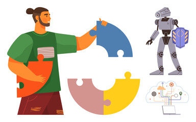 A man assembling puzzle pieces, a robot holding a gear, and a cloud computing system with connections. Ideal for teamwork, innovation, technology, AI, problem-solving collaboration learning. Simple