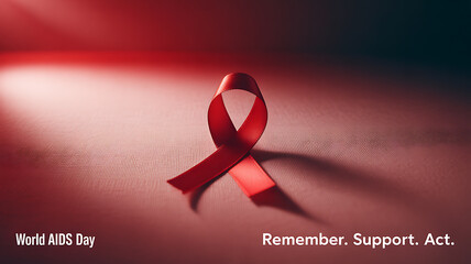 Red ribbon symbolizing World AIDS Day on a textured surface with text encouraging remembrance, support, and action.