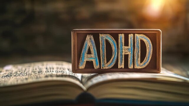 "ADHD" written on chalkboard with book in background under soft lighting