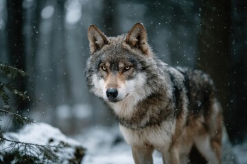 Obraz premium Majestic wolf stands proudly in the snowy forest, capturing the essence of winter wildlife in a serene and breathtaking environment