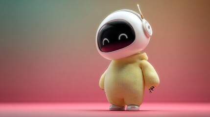 A playful, cartoonish robot, dressed in a soft yellow jumpsuit, stands against a gradient background of pink and teal, radiating a cheerful and friendly atmosphere.