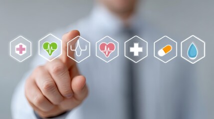 Doctor Interacting with Futuristic Hologram Displaying Medical Icons in Healthcare Concept on Gray Background