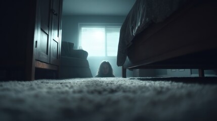 A shadowy figure crouches on the floor of a dimly lit bedroom, emphasizing a sense of foreboding and mystery.