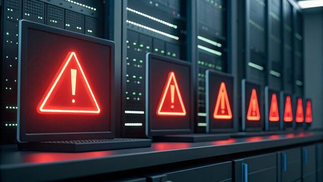 Network Alert: A server room, where an array of laptops flashes prominent red warning symbols, signifying network security breaches and data vulnerabilities, symbolizing a critical system failure. - Powered by Adobe