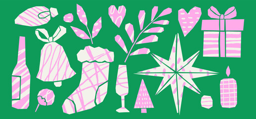 
Crayon collage Christmas cutouts with scribbles, doodles textures. Holiday paper irregular figures. Gifts, stars, stockings, bells, candles for holiday scrapbook crafts.