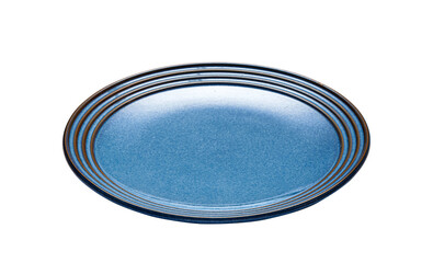 Blue Ceramic Plate with Brown Rim Stripes Isolated with Clipping Path