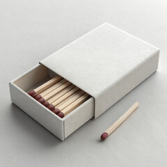 Open box of matches with one matchstick outside on a light gray surface