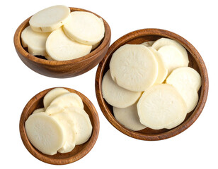 Sliced root vegetable in wooden bowls