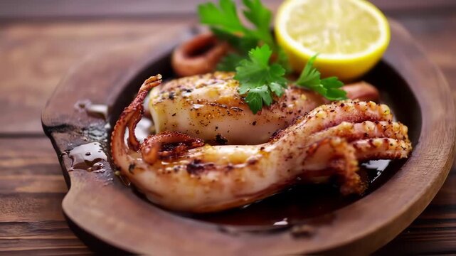Grilled squid with lemon and parsley on a wooden plate