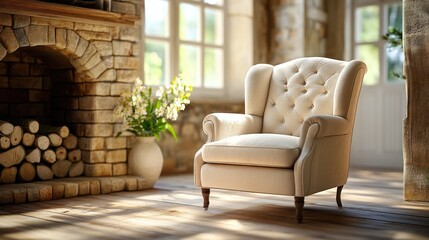 Velvet armchair in soft fabric with a cozy feel, by a brick fireplace, perfect for relaxation. A traditional living room interior with a warm ambiance.