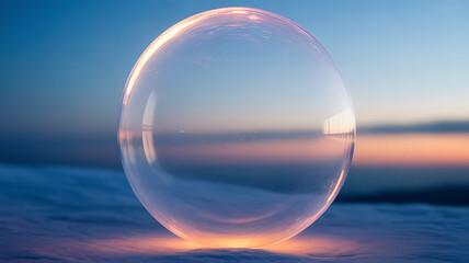 Transparent glass sphere resting on snow at twilight, reflecting sky and horizon