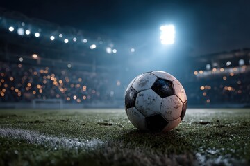 Soccer ball resting on the field under bright stadium lights during an evening match