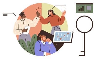 Professionals brainstorming with charts, technology, giving high fives, symbolic key representing success. Ideal for teamwork, collaboration, motivation, achievement, business strategy innovation