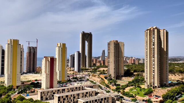 An astounding and breathtaking panorama showcases an array of contemporary skyscrapers alongside lush greenery