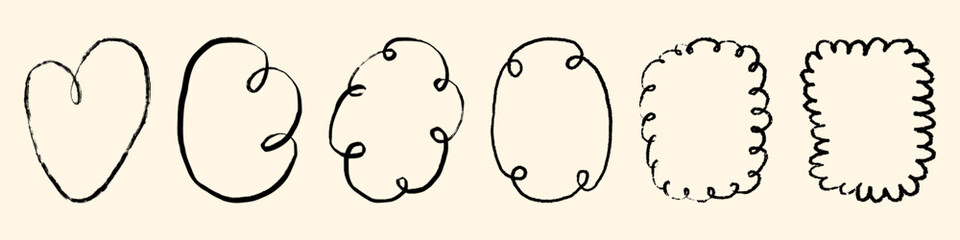 Hand drawn doodle frames set. Cute sketch scribble borders with loops, curls and scallops for childish design, cards, stickers, scrapbook, social media, invitations. Textured vector illustration