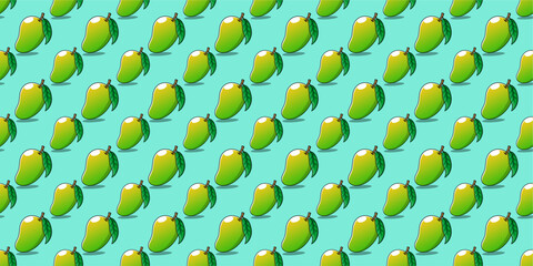 Seamless Pattern of Green Mango Fruit with Leaves on Blue Background Flat Cartoon Vector Illustration Tropical Fruit Decorative Design