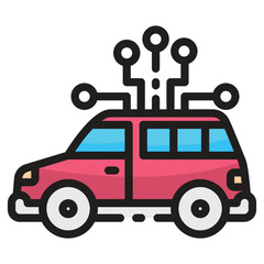 Red car with circuit board elements on roof