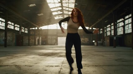 Energetic Redhead Woman Dancing in Industrial Warehouse with Dramatic Backlight