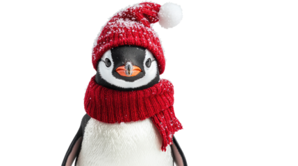 Cute Penguin Wearing Christmas Hat and Scarf for Holiday Theme