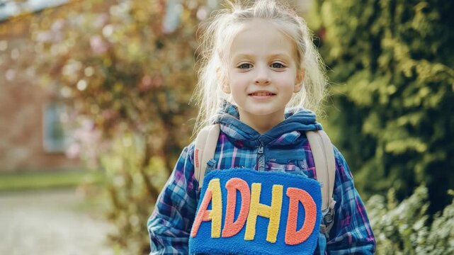 Young Caucasian girl wearing sign with ADHD letters, backpack