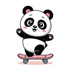 Happy Cartoon Panda Bear Riding Skateboard – Kawaii Animal Character Vector Illustration with Blue Scarf, Cute Clipart for Children, Stickers, Posters, and Merchandise Designs