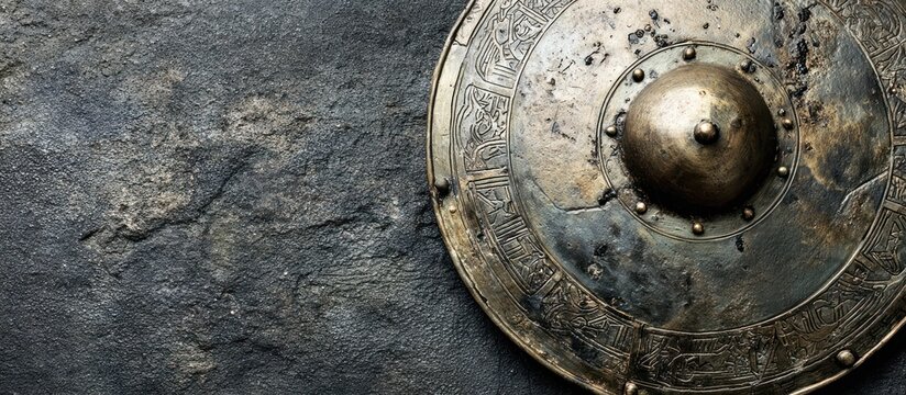 An ancient, weathered, circular shield, tarnished and worn, rests on a textured, dark, stone surface - Powered by Adobe
