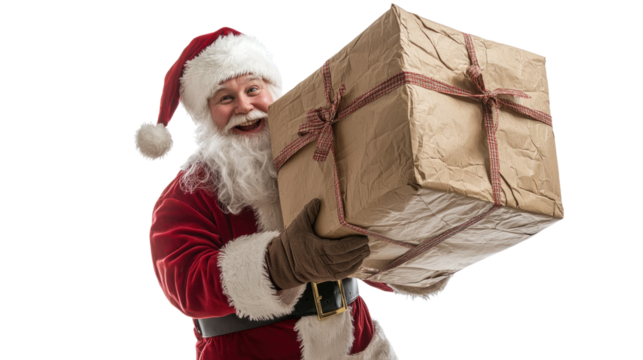 Cheerful Santa Claus Holding a Large Gift with a Big Smile