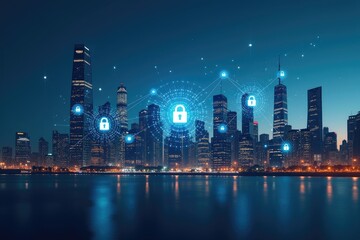 Fototapeta premium Cityscape at night with glowing locks connecting buildings across the water in a digital overlay