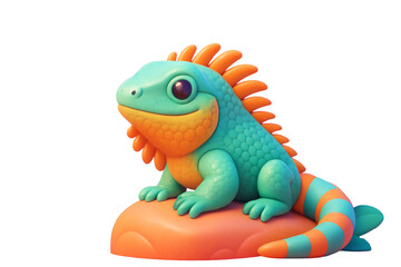 Fototapeta premium Adorable cartoon iguana with vibrant orange and teal colors isolated on white background, sitting on rock, concept of playful animal character. Ai generative