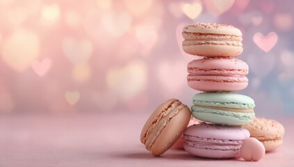 Stacked pastel macarons on a pink surface, bokeh hearts