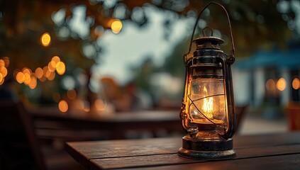 Rustic oil lantern glows on wooden table, warm light illuminates blurred outdoor cafe setting at dusk