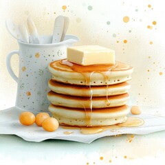 Slice of butter on a stack of pancakes with syrup on a white background. For recipe books or culinary guides, watercolor style.