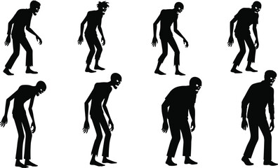 Eight scary zombie silhouette vector illustration, creepy undead monster design, horror walking dead artwork for Halloween isolated on white background