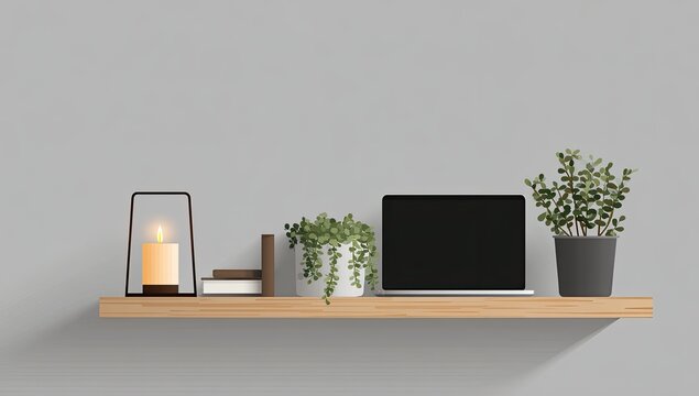 Minimalist wooden shelf with laptop, candle, plants, and books against a gray wall