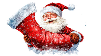 Cheerful Santa Claus Holding a Large Christmas Stocking Joyfully