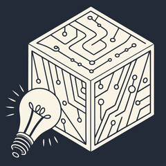 Vector art of creative problem solving and innovation a light bulb next to a cube with circuit board patterns, symbolizing idea generation, technological solutions, and innovative thinking