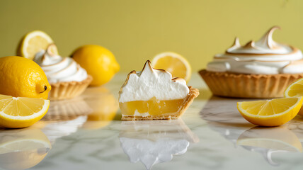 Lemon meringue pie slices with fresh lemons on a reflective surface