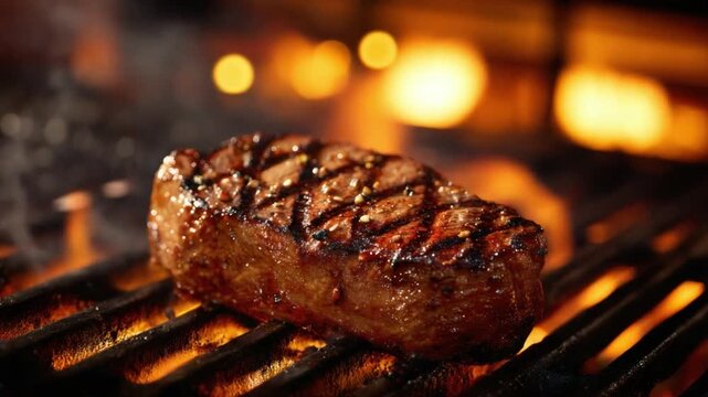 Flame-Kissed Culinary Creation: Witness the art of grilling with a close-up shot of a perfectly seared steak, showcased on a smoky grill, with alluring grill marks that tantalize the taste buds. 