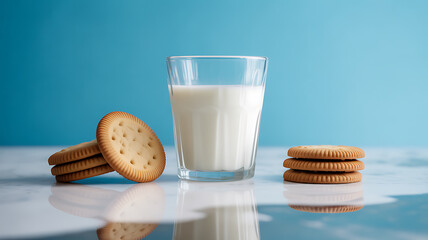 A glass of milk with stacked round crackers on a reflective surface against a blue background