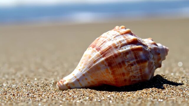 Close-up of a seashell on sandy beach, with ocean in the background