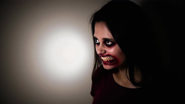 Creepy vampire girl with sharp fangs and dramatic makeup in dark studio setting