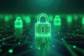 Glowing padlocks on circuit board representing data protection and network security concept design