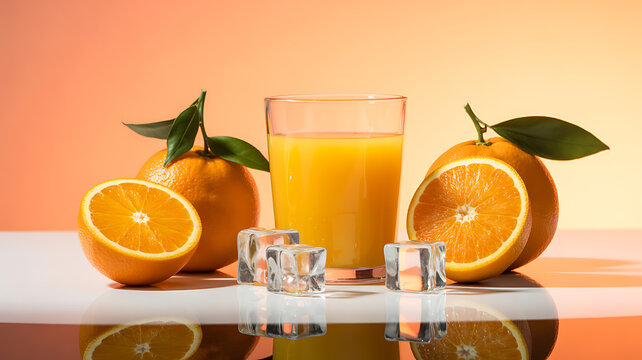Fresh orange juice in a glass with whole and sliced oranges, ice cubes, and green leaves on a reflective surface