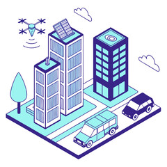 Fototapeta premium Vector art of isometric city illustration with modern buildings, cars, drone, and solar panels on rooftops, showcasing sustainable urban development and innovative technology