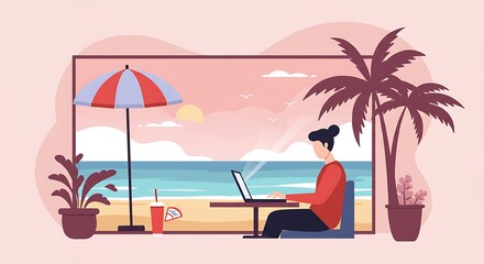 Working Remotely on Laptop with Ocean View and Palm Trees