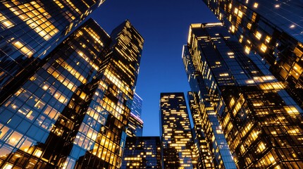 Obraz premium Night city skyline skyscrapers architecture buildings lights cityscape urban downtown view from below dark sky