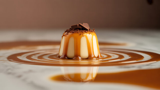 Caramel custard dessert with chocolate garnish, presented on a reflective surface with sauce ripples