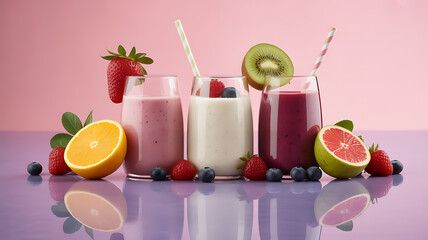 Three colorful fruit smoothies in glasses with fresh fruit garnishes on a reflective surface