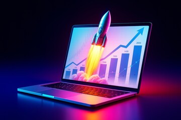 Rocket launching from laptop screen with business growth chart and glowing light on dark abstract background symbolizing success and innovation.