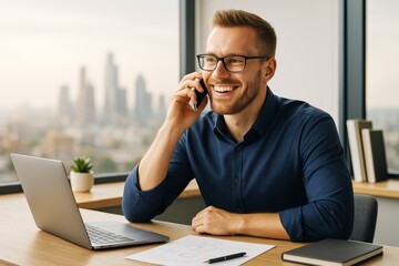 Confident businessman talking on smartphone at modern office desk with laptop, smiling with city background in bright daylight. Ai generative.